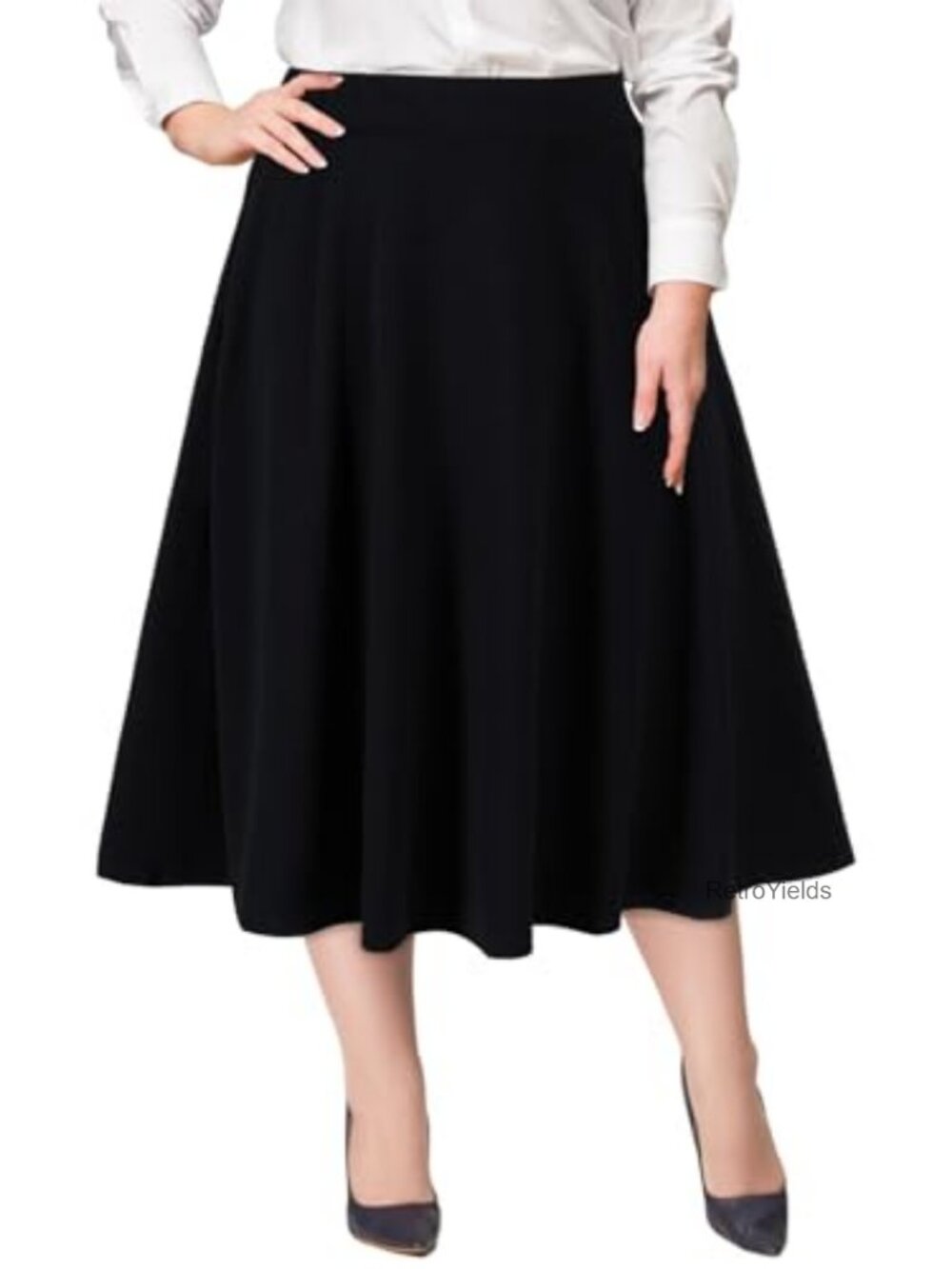 Plus Size Midi Skirt High Elastic Waist A-Line Flared Skater Skirts with Pockets